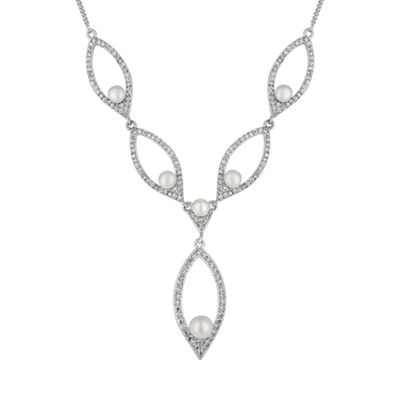 Silver pave open navette pearl necklace